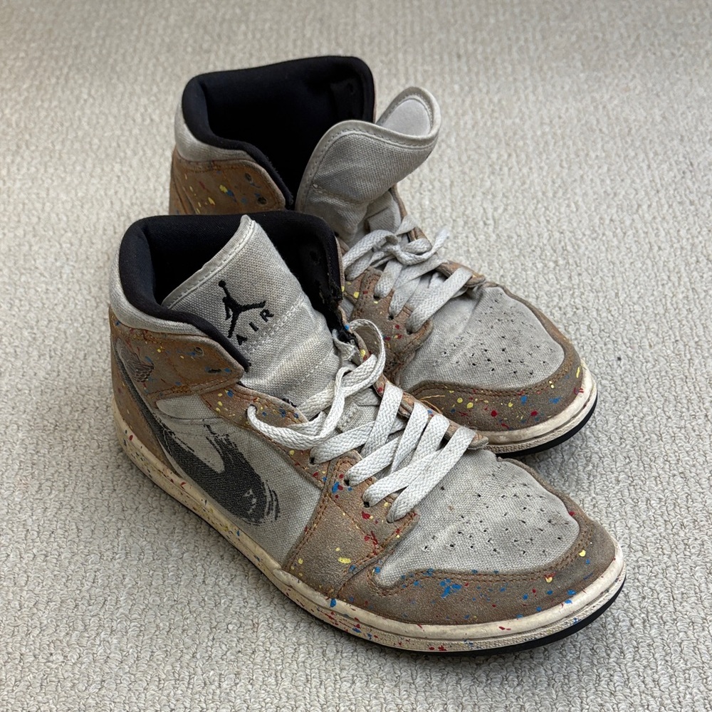 Nike Air Jordan Kids Sneakers Tan and Black with paint splatter Accents